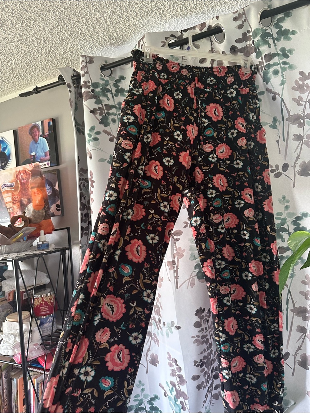 Rhapsody Black Floral Wide-Leg Pants with Pink and Teal Accents